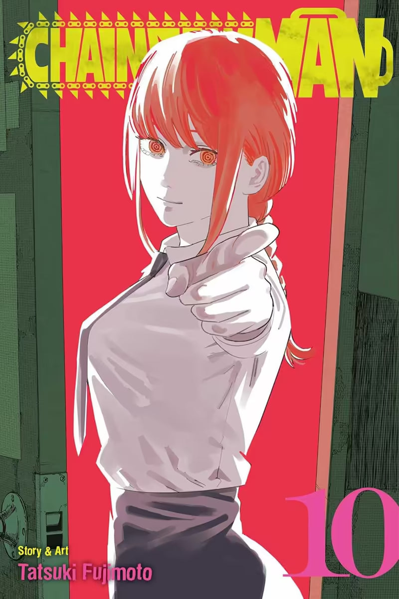 Manga-forside til ‘Chainsaw Man’ bind 10, der viser Makima i hvid skjorte og med orange hår, stående i en rød døråbning, mens hun rækker hånden frem og peger direkte mod læseren.