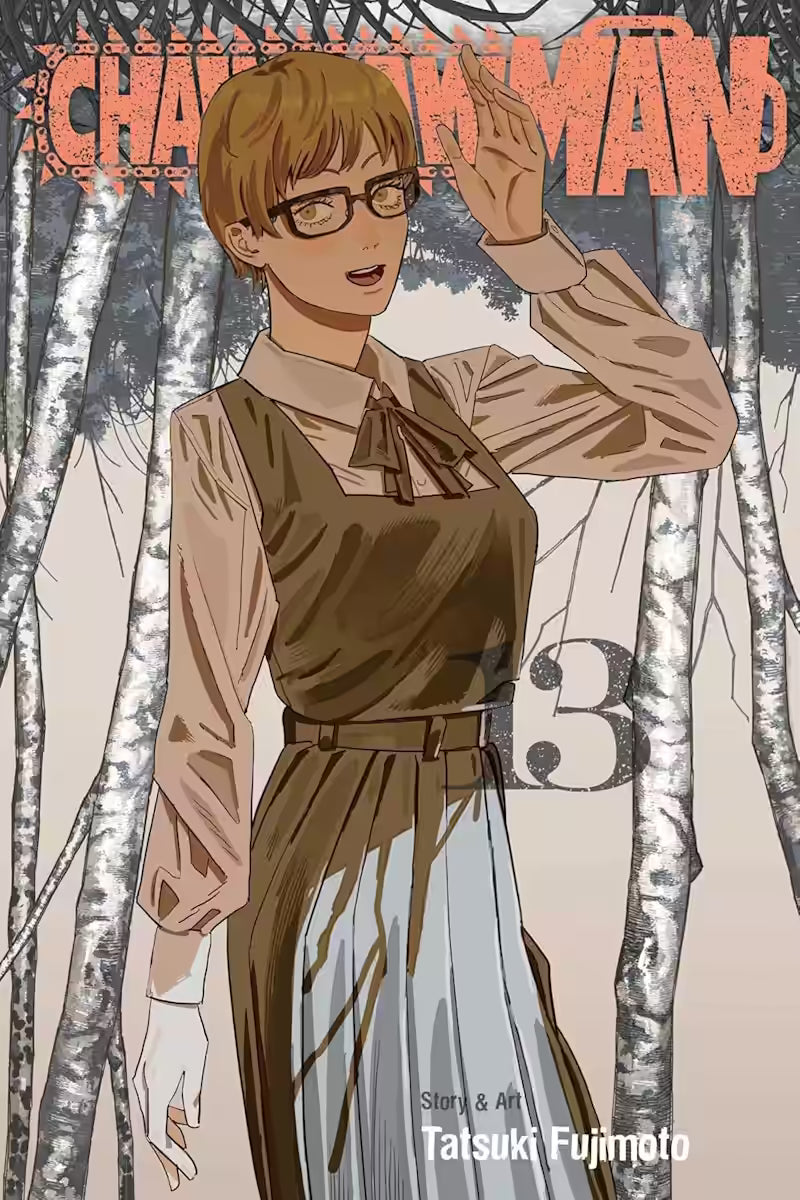 Manga-forside til ‘Chainsaw Man’ bind 13, der viser Yoru i en rolig positur midt i en birkeskov, med et skævt smil og klassisk, afdæmpet styling.