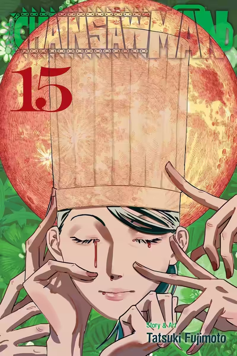 Manga-forside til ‘Chainsaw Man’ bind 15, der viser en kvinde med en rødlig kokkehue, lukkede øjne og blodspor fra øjenkrogene, omgivet af mange hænder mod en grøn baggrund.