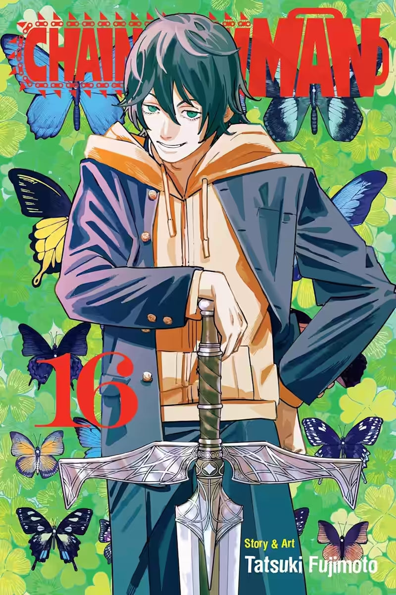 Manga-forside til ‘Chainsaw Man’ bind 16, der viser Sword Man med et stort korsformet sværd, smilende foran en baggrund af grønne blade og farvestrålende sommerfugle.