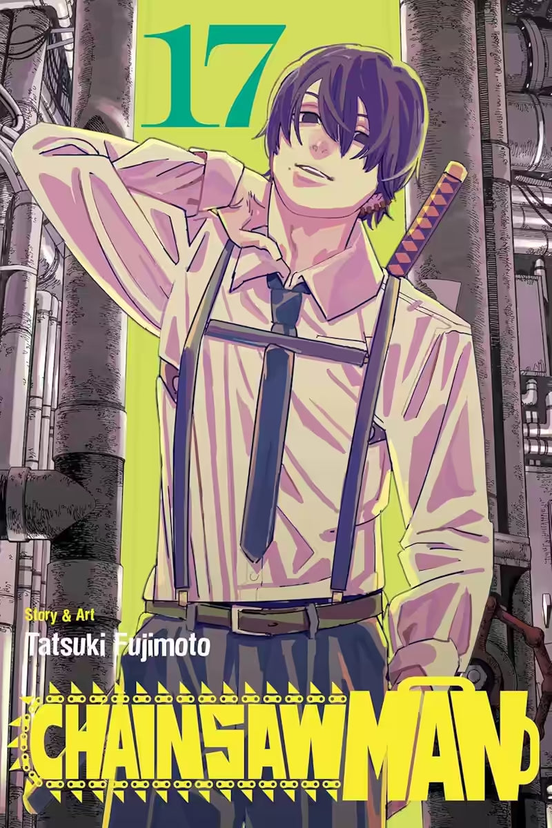Manga-forside til ‘Chainsaw Man’ bind 17, der viser Quanxi i afslappet positur med et skævt smil, stående foran industrielle rør i gule og violette toner.
