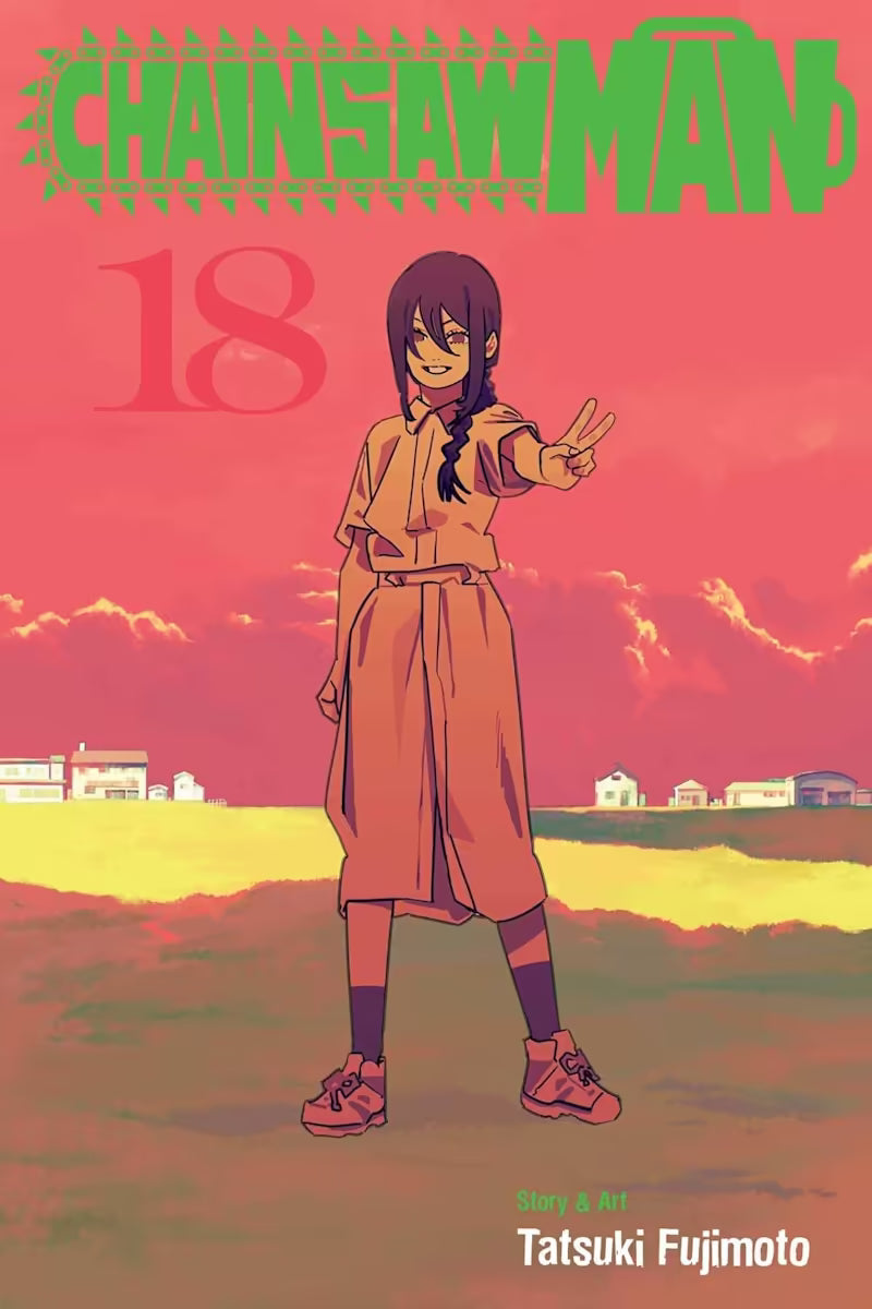 Manga-forside til ‘Chainsaw Man’ bind 18, der viser Asa Mitaka som barn, der står midt på en mark i aftensolen og holder to fingre i vejret som fredstegn.