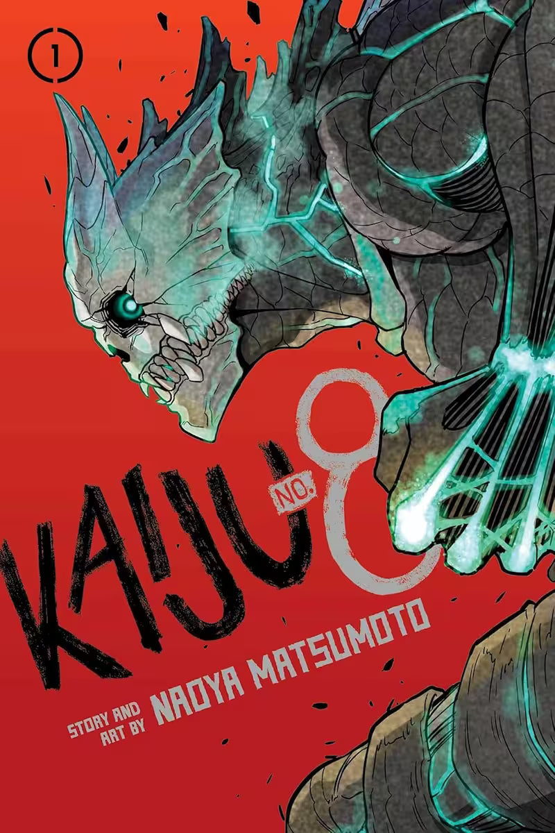 Manga-forside af Kaiju No. 8 bind 1, der viser Kafka Hibino i sin kaiju-form, med en aggressiv positur og lysende blå energilinjer over kroppen. Den røde baggrund skaber stærk kontrast og dramatik.