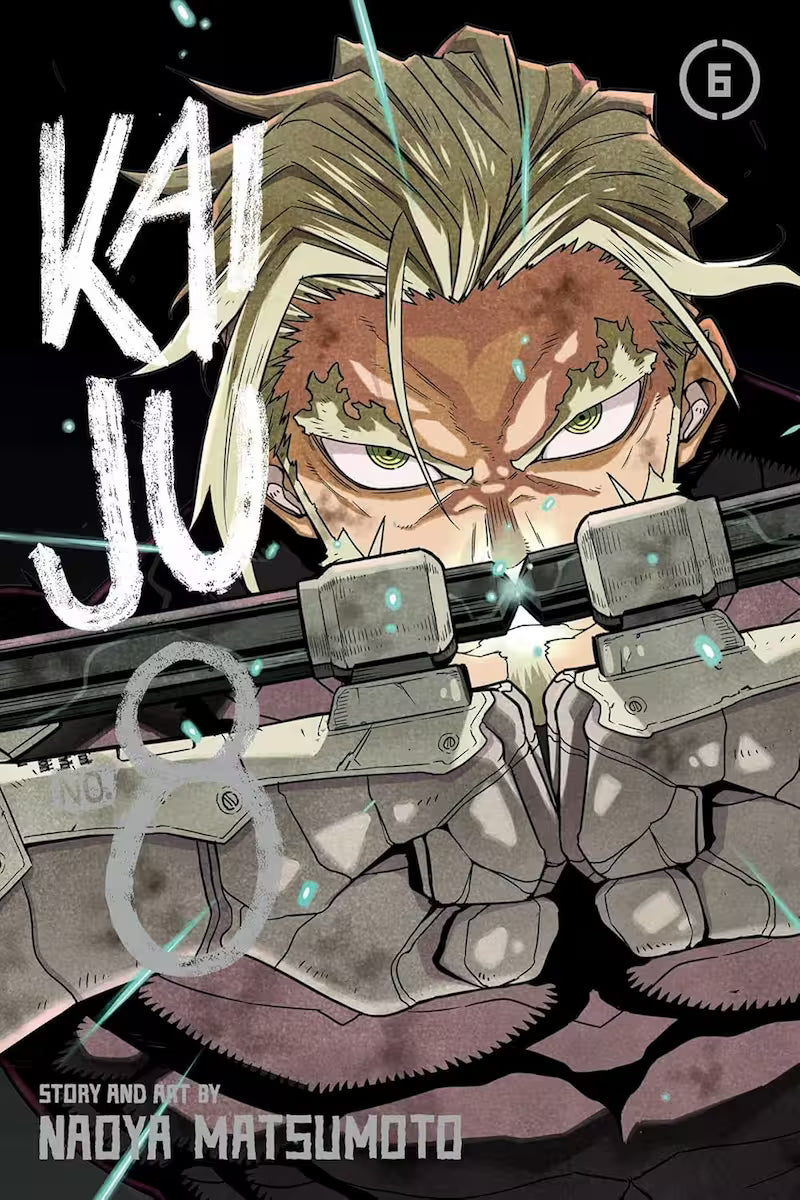 Manga-forside af Kaiju No. 8 bind 6 med Soshiro Hoshina i front, klar til kamp. Hans intense blik og mørke baggrund fremhæver kampens alvor.